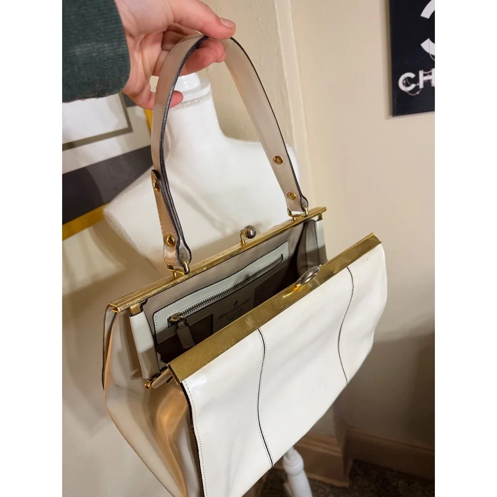 Alberta Di Canio Cream White Leather Frame Handbag Gold Hardware Made in Italy - Picture 4 of 5